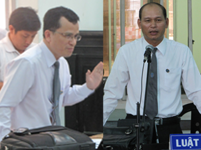 Luật sư Nguyễn Hồng Hà (trái) tranh tụng tại phiên toà.