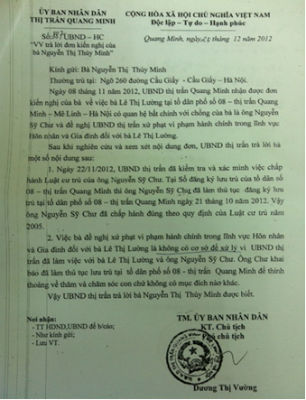 Dù hành vi vi phạm đã rõ nhưng UBND thị trấn Quang Minh vẫn trả lời không có cơ sở xử lý